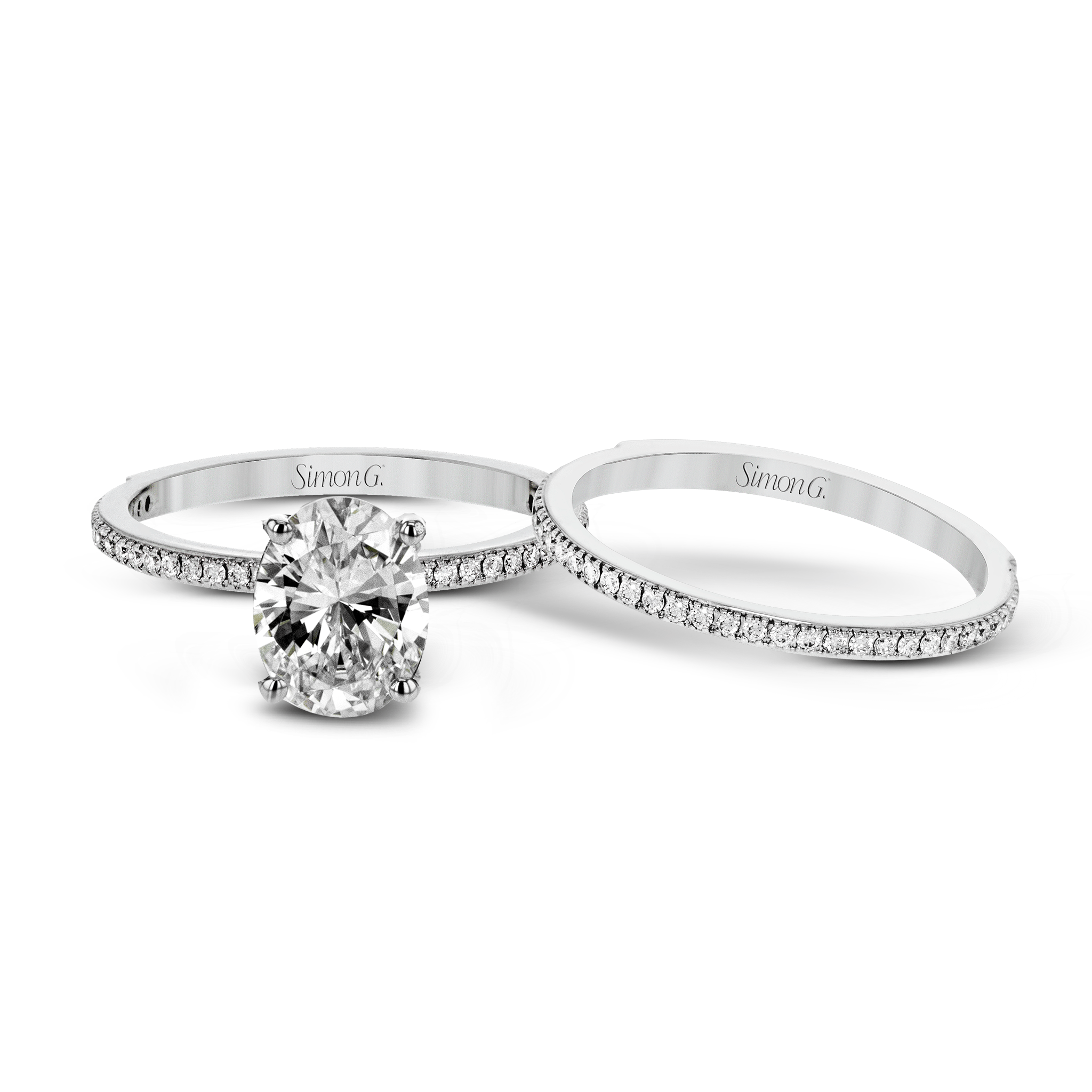 Oval - cut Engagement Ring & Matching Wedding Band in 18k Gold with Diamonds - Simon G. Jewelry