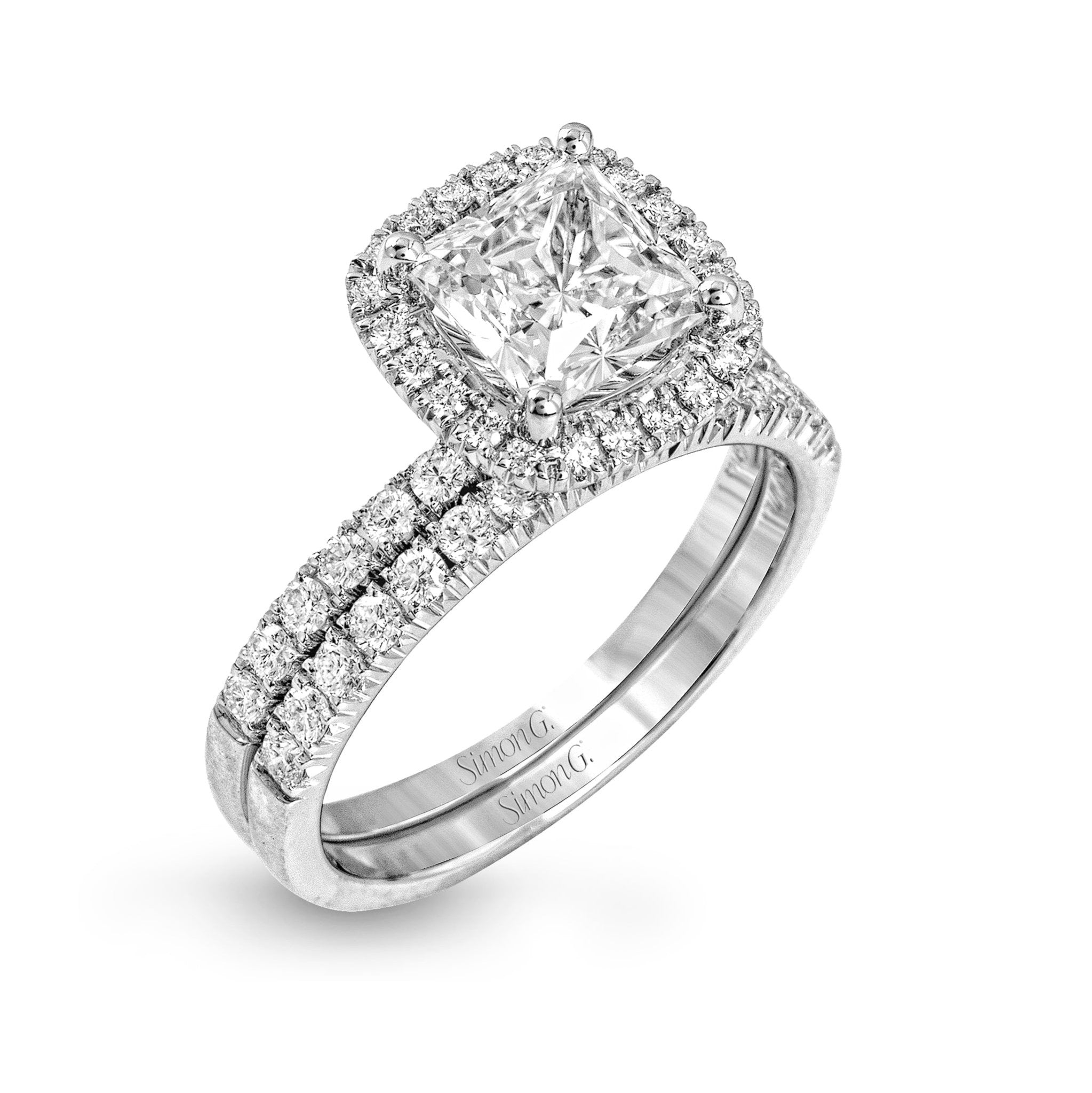 Princess-cut Halo Engagement Ring Matching Wedding Band in 18k