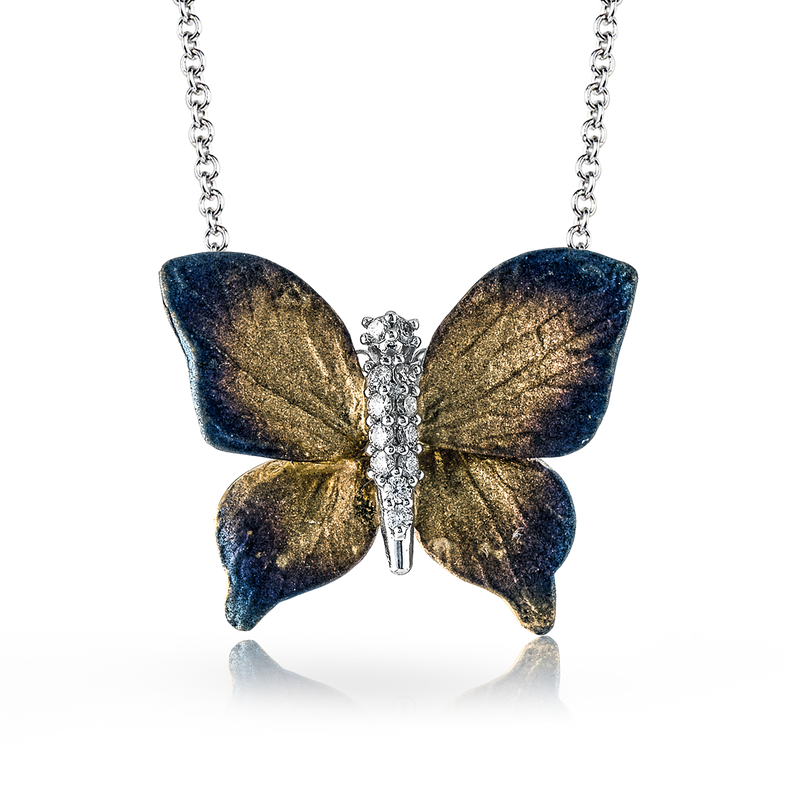 Icebox - Butterfly Baguette Diamond Necklace Connected 14k Solid Gold  0.33ctw