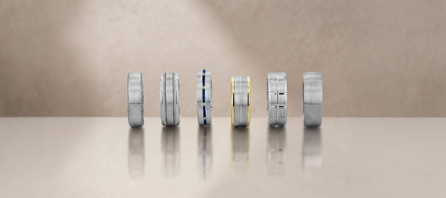 Simon G. men's wedding bands in a row