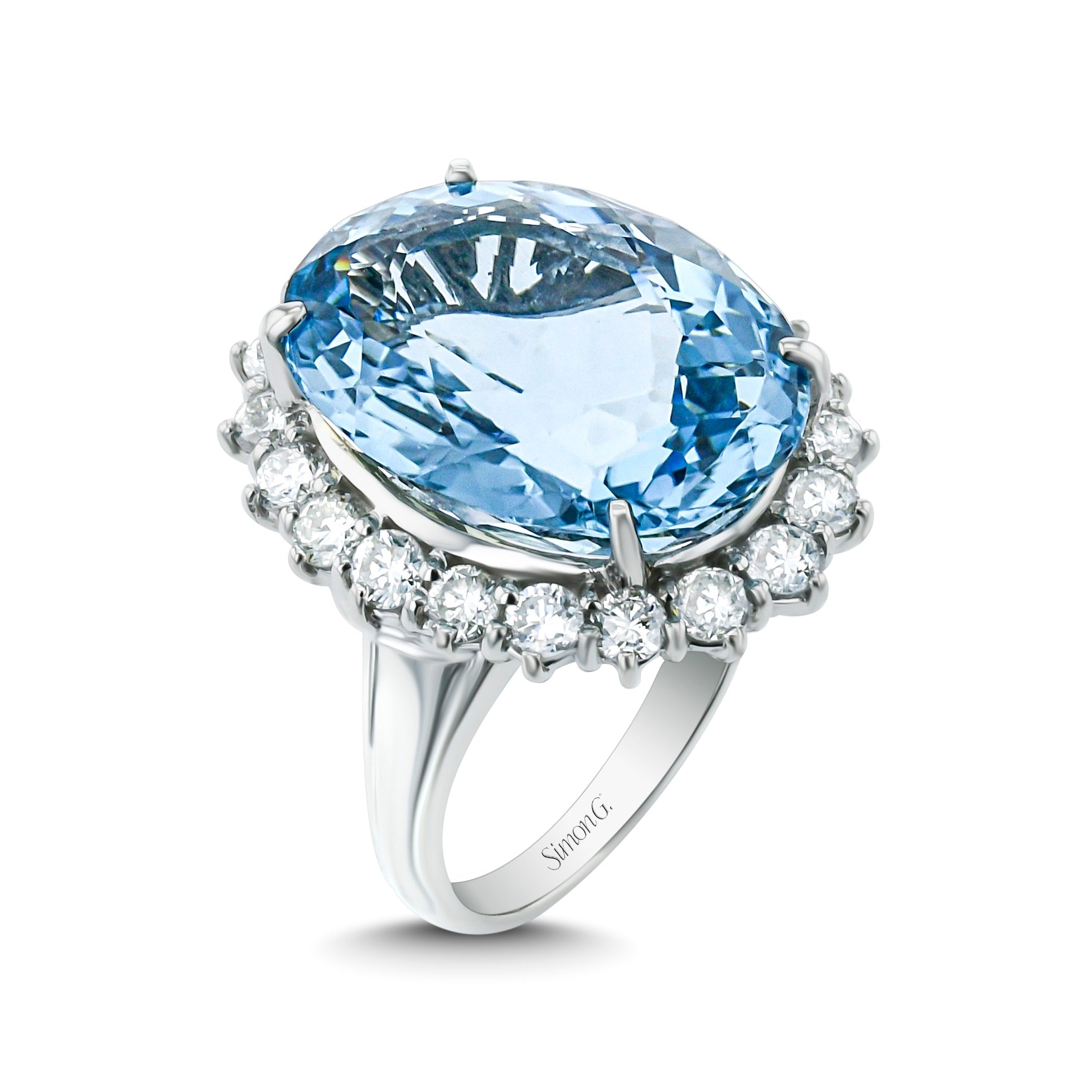 Aquamarine Halo Ring in Platinum with Diamonds - Simon G. Jewelry