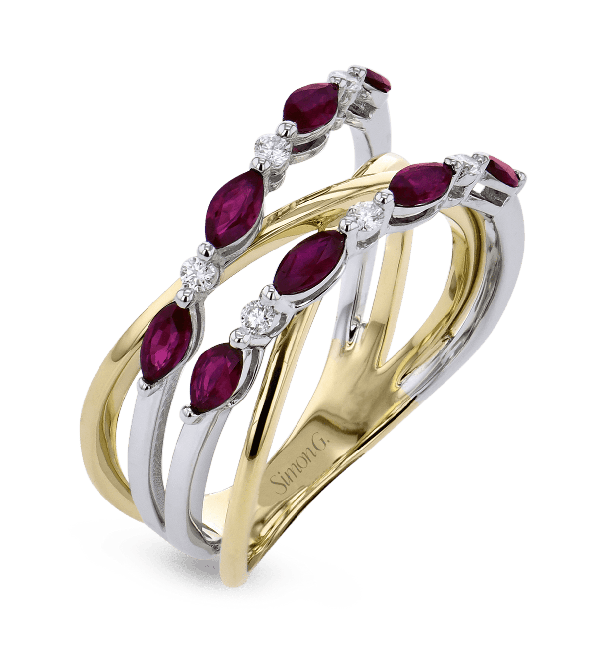 Diamond & Ruby Marquise Crossover Ring in 18k Gold - Simon G. Jewelry