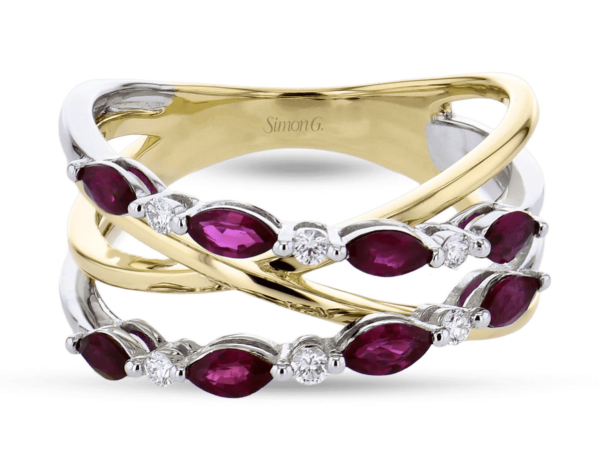 Diamond & Ruby Marquise Crossover Ring in 18k Gold - Simon G. Jewelry