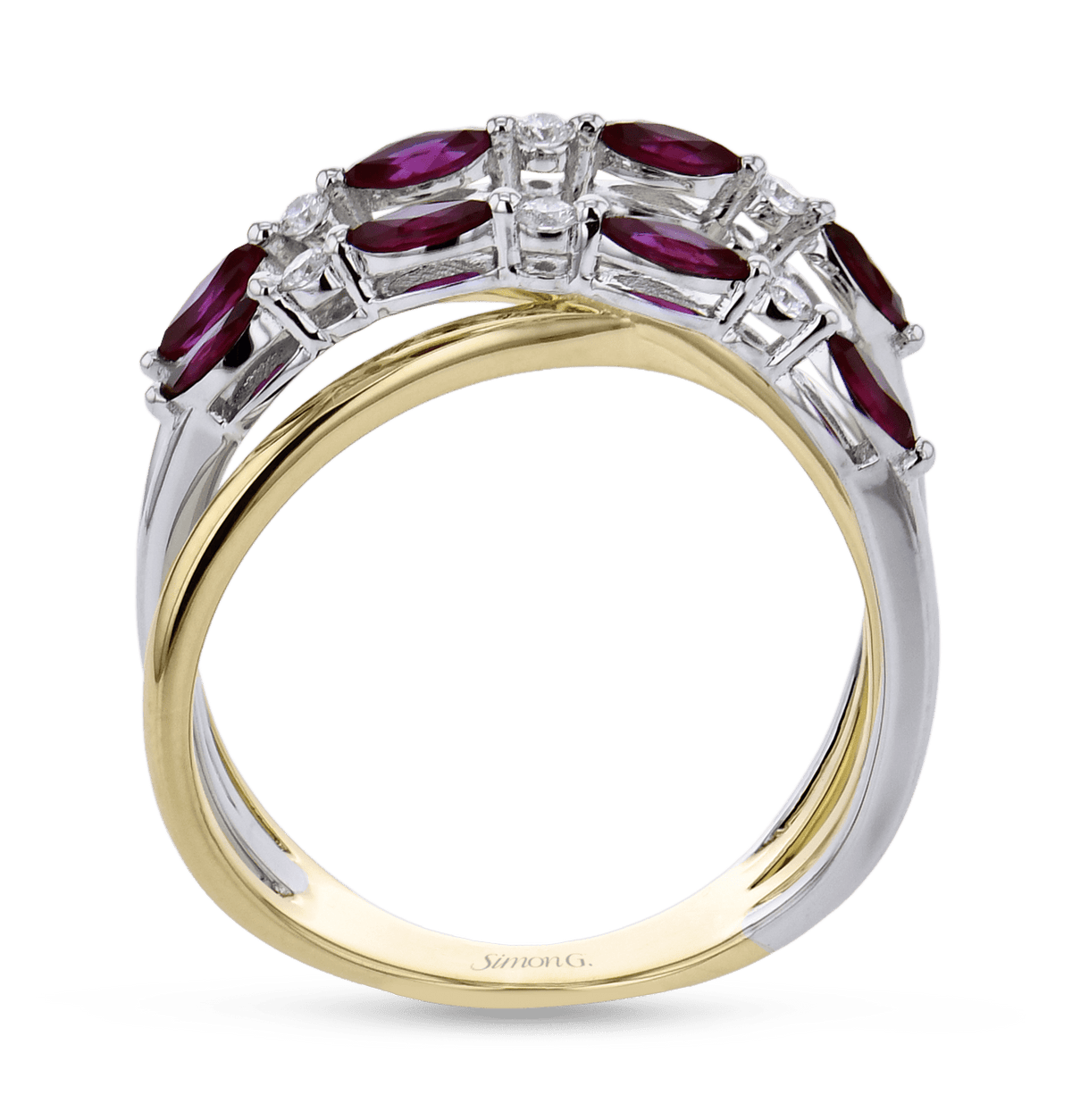 Diamond & Ruby Marquise Crossover Ring in 18k Gold - Simon G. Jewelry