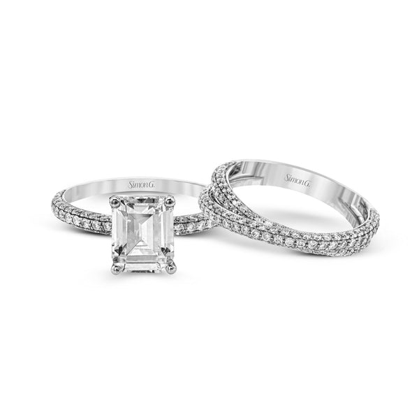 Emerald - cut Criss - cross Engagement Ring & Matching Wedding Band in 18k Gold with Diamonds - Simon G. Jewelry