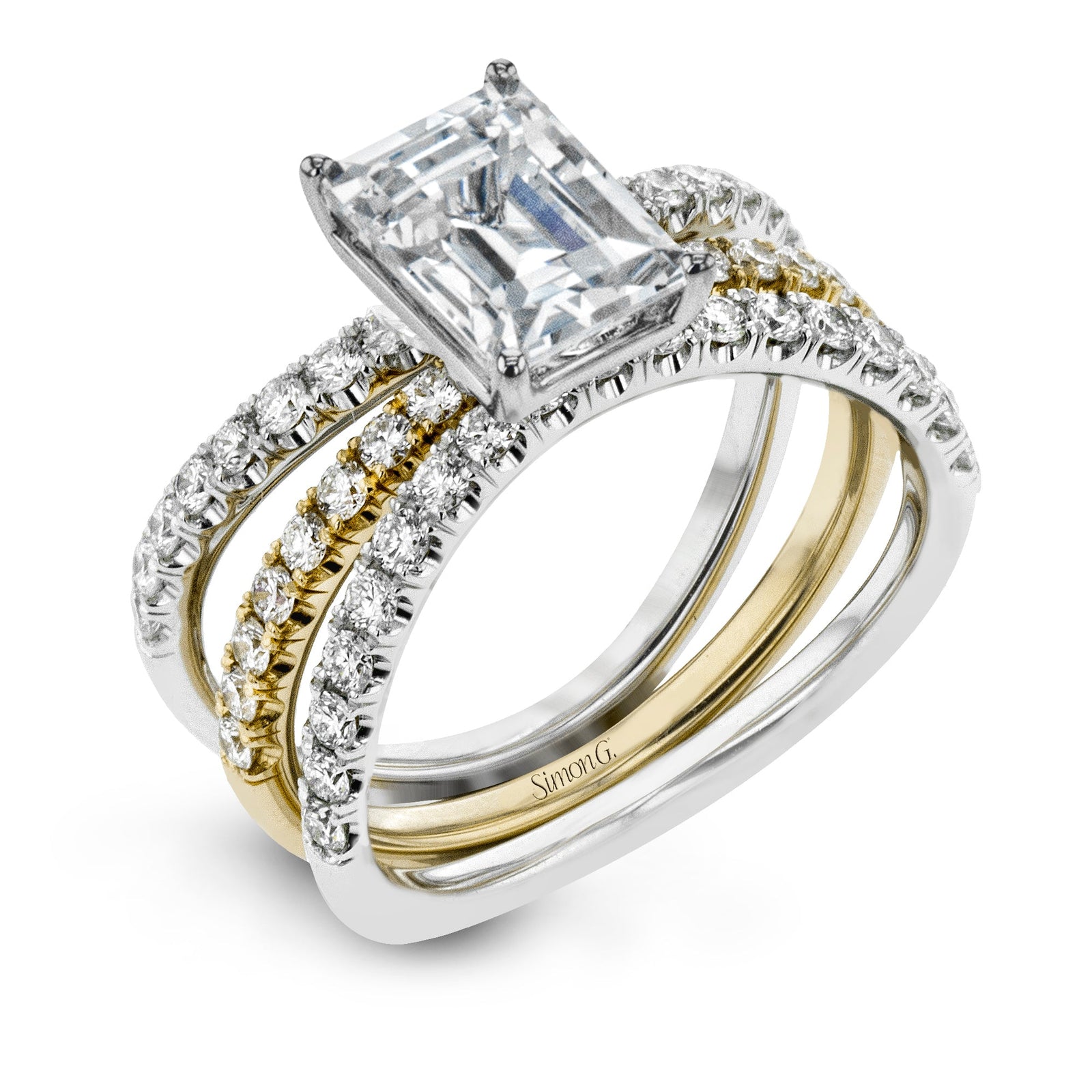 Emerald cut Engagement Ring Matching Wedding Band in 18k Gold with D Simon G. Jewelry