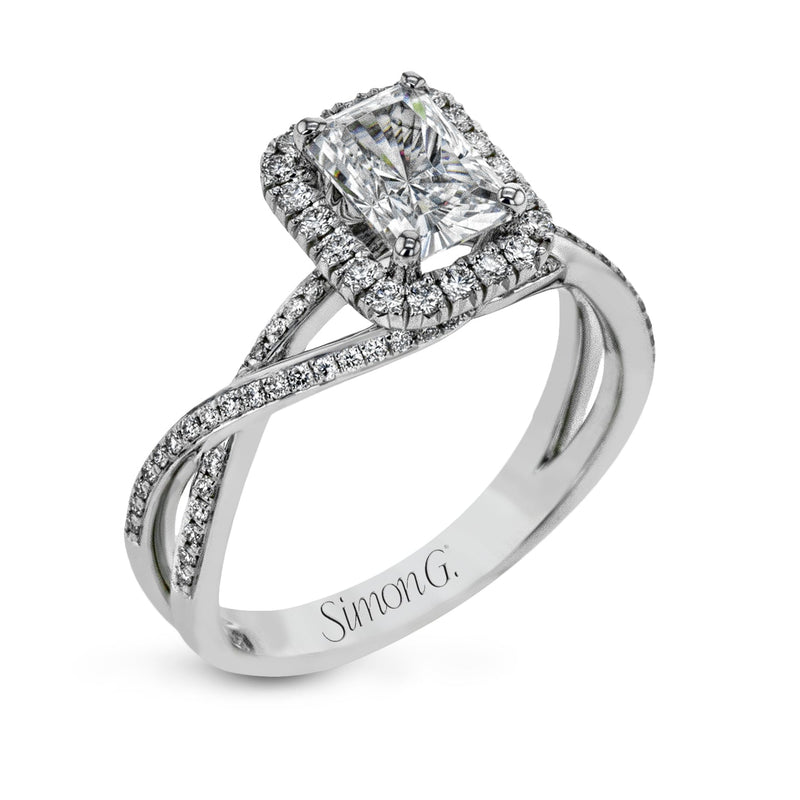 Emerald - Cut Halo Criss - Cross Engagement Ring In 18k Gold With Diamonds - Simon G. Jewelry