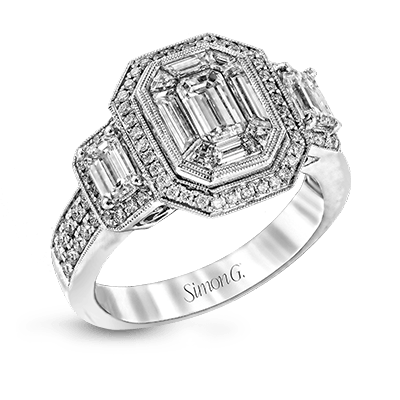 Emerald - cut Halo Engagement Ring in 18k Gold with Diamonds - Simon G. Jewelry