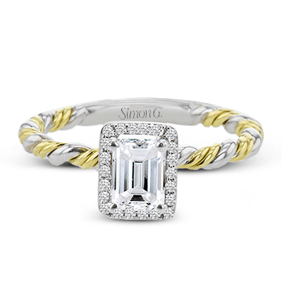 Emerald - cut Halo Engagement Ring in 18K Gold with Diamonds - Simon G. Jewelry