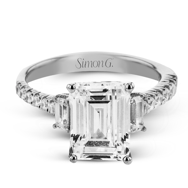 Emerald - cut Three - stone Engagement Ring in 18k Gold with Diamonds - Simon G. Jewelry