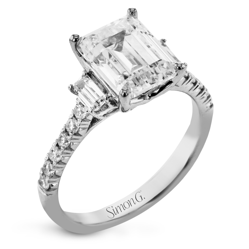 Emerald - cut Three - stone Engagement Ring in 18k Gold with Diamonds - Simon G. Jewelry