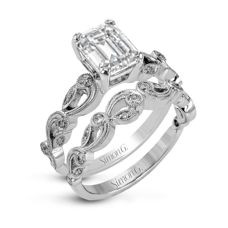 Emerald - cut Trellis Engagement Ring & Matching Wedding Band in 18k Gold with Diamonds - Simon G. Jewelry