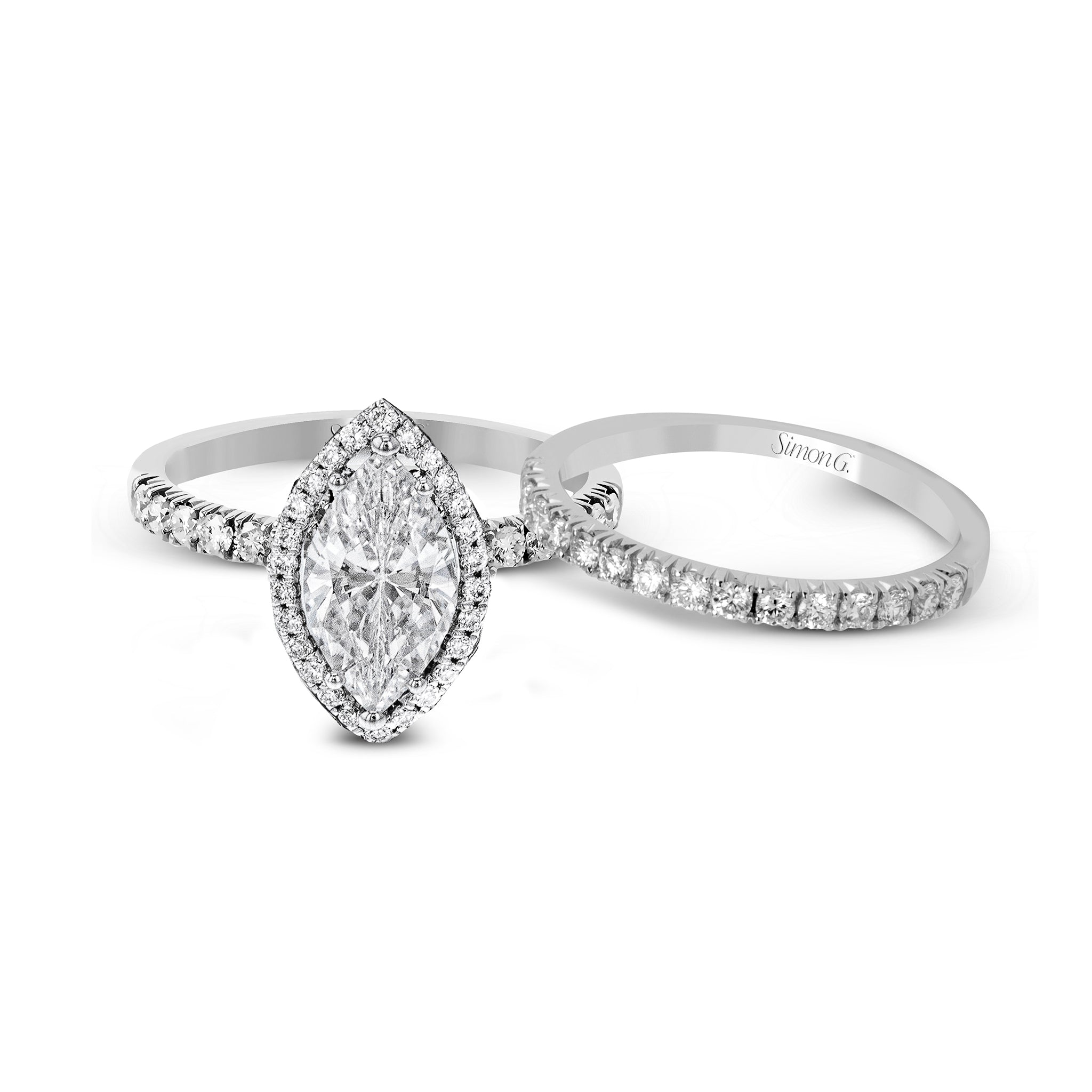 Marquise - cut Halo Engagement Ring & Matching Wedding Band in 18k Gold with Diamonds - Simon G. Jewelry