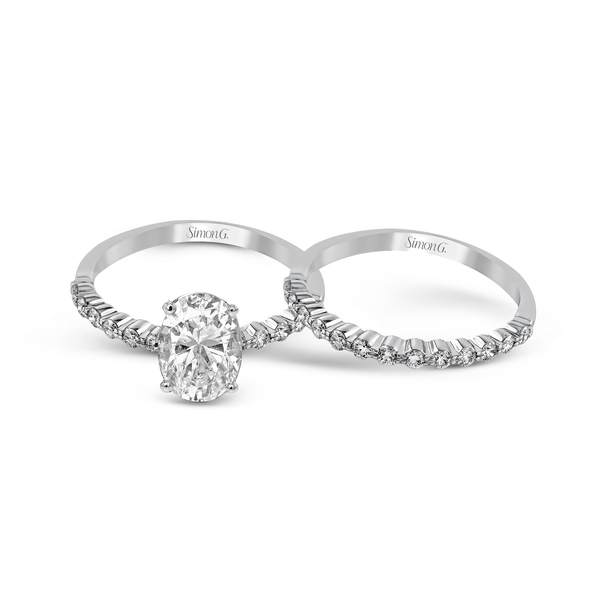 Oval - cut Engagement Ring & Matching Wedding Band in 18k Gold with Diamonds - Simon G. Jewelry