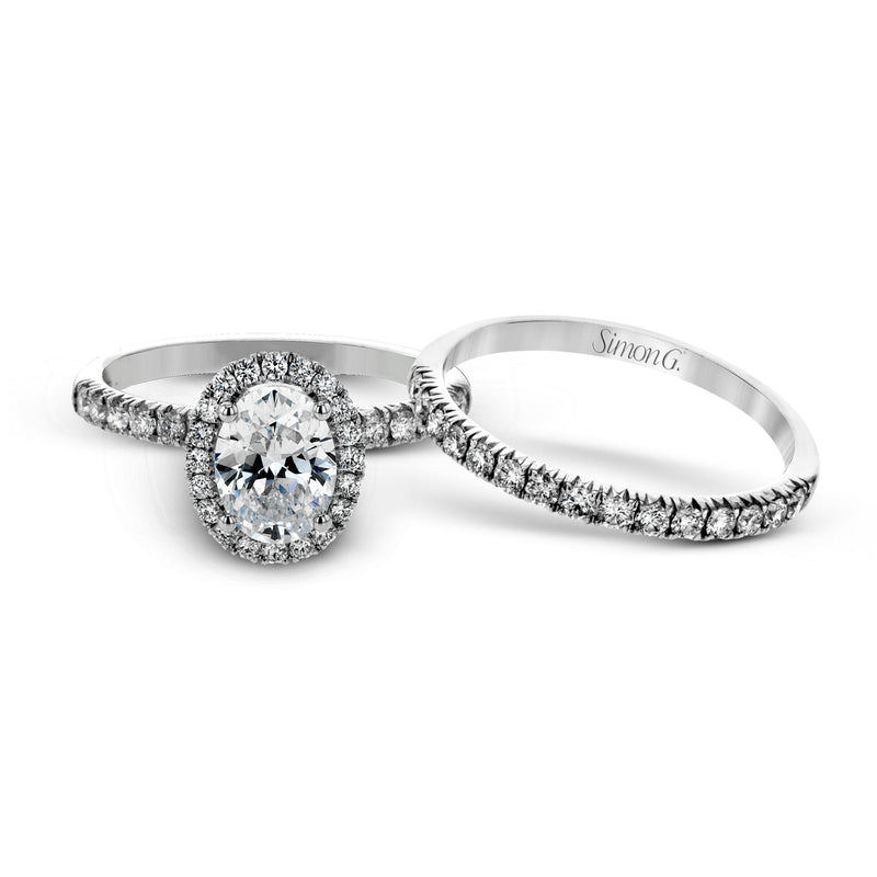 Oval - cut Halo Engagement Ring & Matching Wedding Band in 18K Gold with Diamonds - Simon G. Jewelry