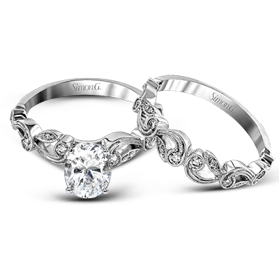 Oval - cut Trellis Engagement Ring & Matching Wedding Band in 18k Gold with Diamonds - Simon G. Jewelry