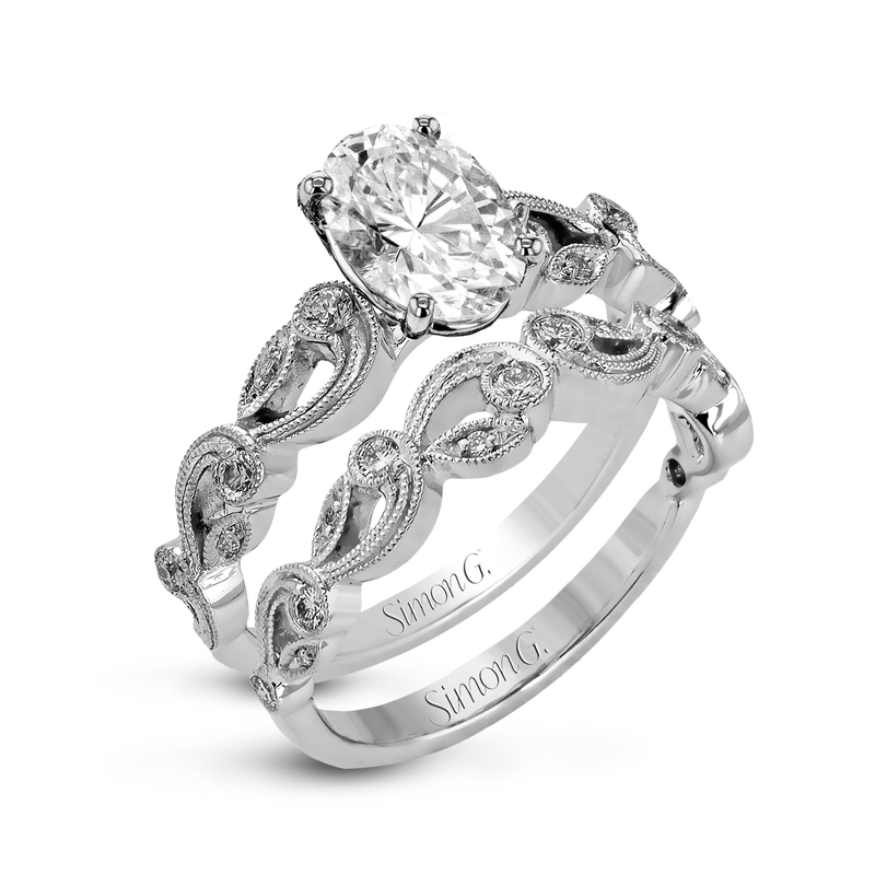 Oval - cut Trellis Engagement Ring & Matching Wedding Band in 18k Gold with Diamonds - Simon G. Jewelry