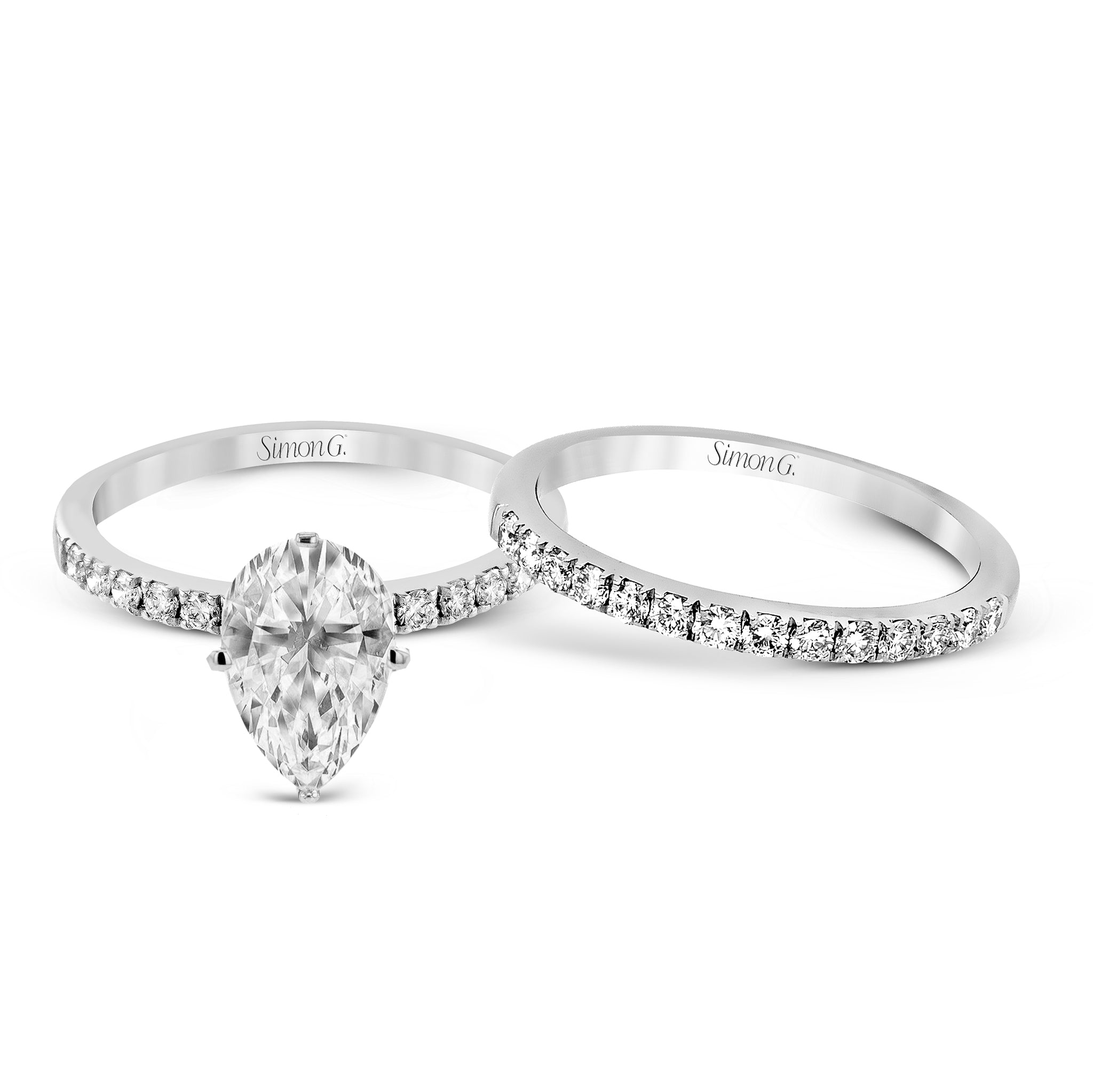 Pear - cut Engagement Ring & Matching Wedding Band in 18k Gold with Diamonds - Simon G. Jewelry
