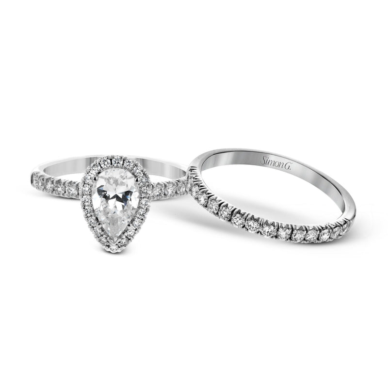 Pear - cut Halo Engagement Ring & Matching Wedding Band in 18K Gold with Diamonds - Simon G. Jewelry