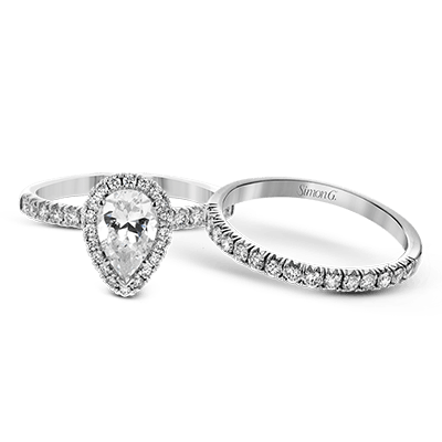 Pear - cut Halo Engagement Ring & Matching Wedding Band in 18K Gold with Diamonds - Simon G. Jewelry