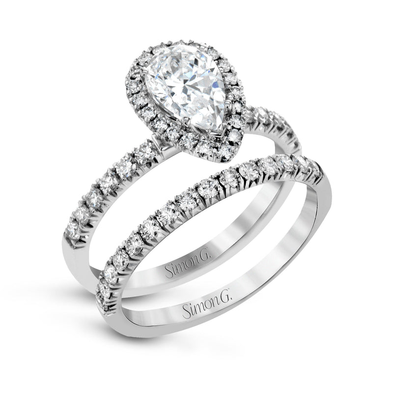 Pear - cut Halo Engagement Ring & Matching Wedding Band in 18K Gold with Diamonds - Simon G. Jewelry