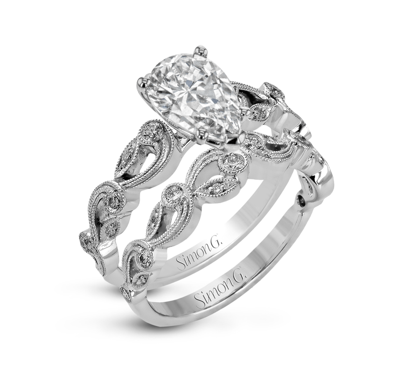 Pear - cut Trellis Engagement Ring & Matching Wedding Band in 18k Gold with Diamonds - Simon G. Jewelry