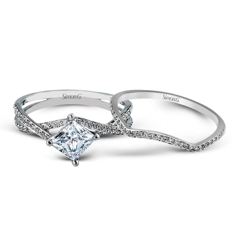 Princess - cut Criss - cross Engagement Ring & Matching Wedding Band in 18k Gold with Diamonds - Simon G. Jewelry