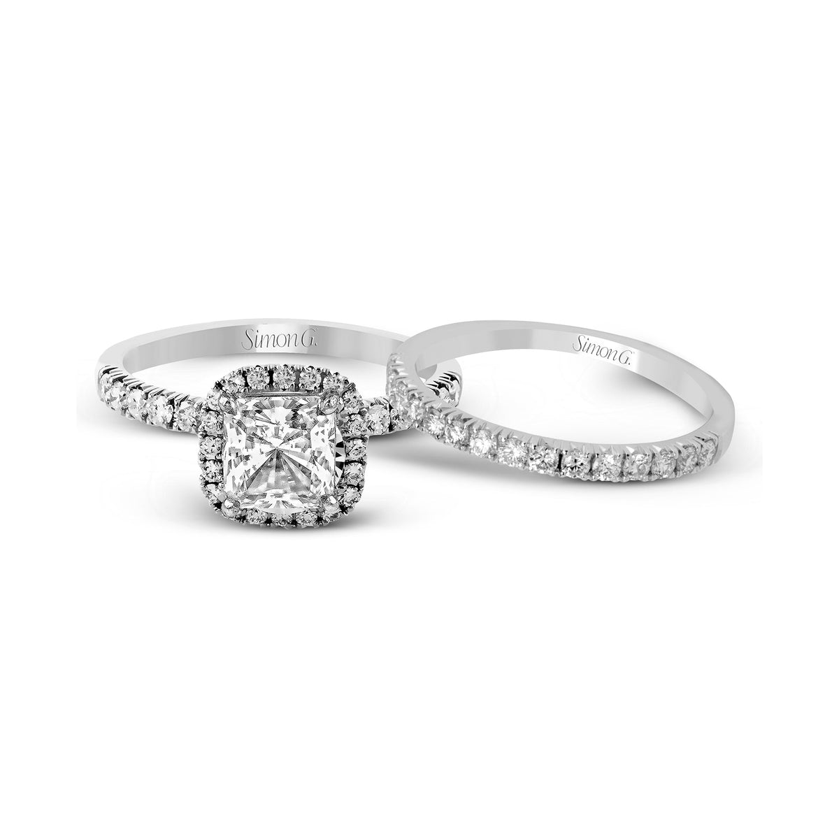 Princess-cut Halo Engagement Ring Matching Wedding Band in 18k