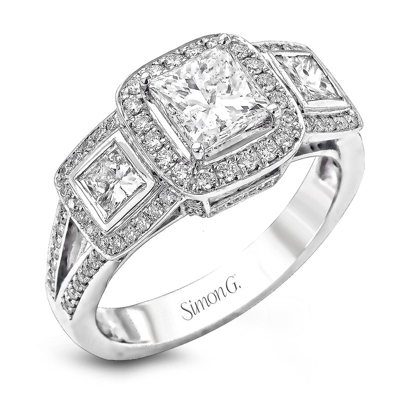 Princess - Cut Three - Stone Halo Engagement Ring In 18k Gold With Diamonds - Simon G. Jewelry