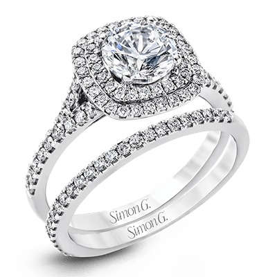 Round - cut Double - Halo Engagement Ring & Matching Wedding Band in 18k Gold with Diamonds - Simon G. Jewelry