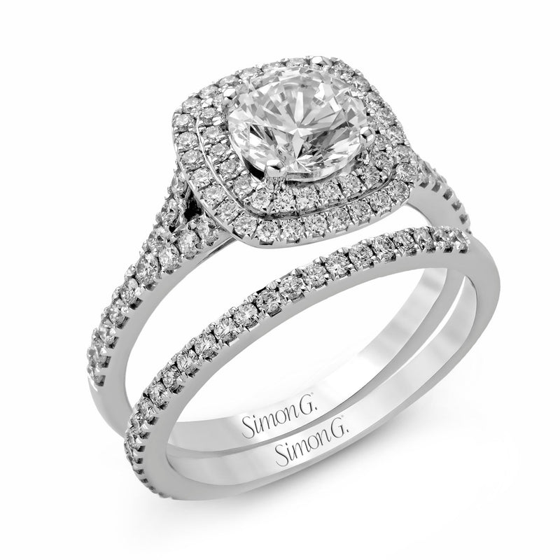 Round - cut Double - Halo Engagement Ring & Matching Wedding Band in 18k Gold with Diamonds - Simon G. Jewelry