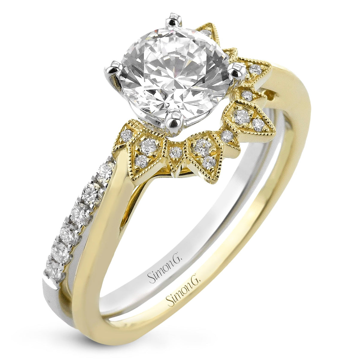 Round-cut Engagement Ring Matching Wedding Band in 18k Gold with
