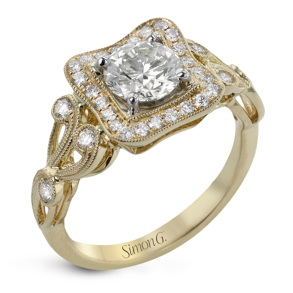 Round-Cut Halo Engagement Ring In 18k Gold With Diamonds – Simon G. Jewelry, image size:1200x1200
