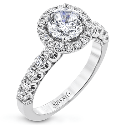 Round - cut Halo Engagement Ring & Matching Wedding Band 18k Gold with Diamonds - Simon G. Jewelry
