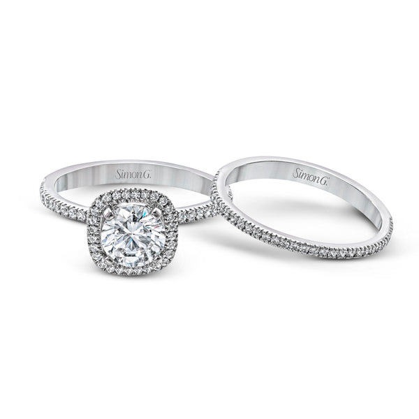 Round - cut Halo Engagement Ring & Matching Wedding Band in 18k Gold with Diamonds - Simon G. Jewelry