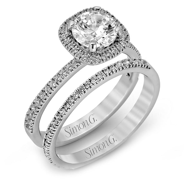 Round - cut Halo Engagement Ring & Matching Wedding Band in 18k Gold with Diamonds - Simon G. Jewelry