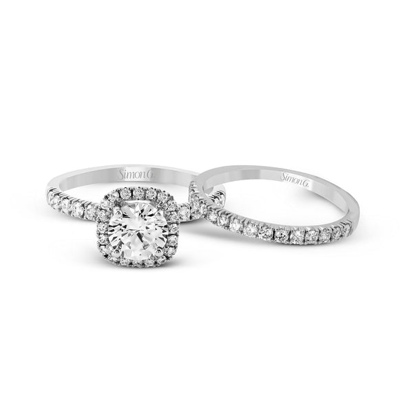 Round - cut Halo Engagement Ring & Matching Wedding Band in 18k Gold with Diamonds - Simon G. Jewelry