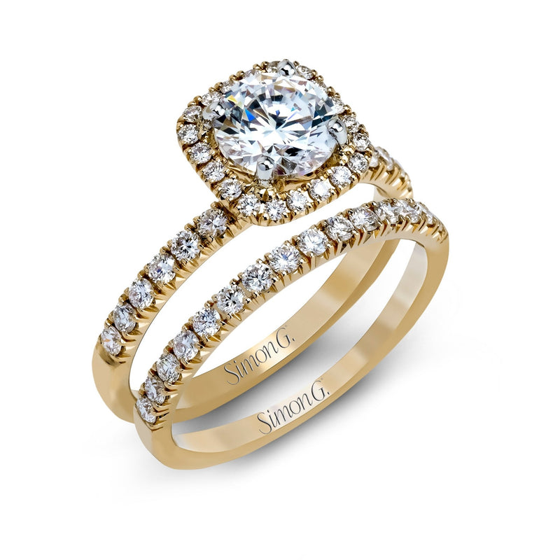 Round - cut Halo Engagement Ring & Matching Wedding Band in 18k Gold with Diamonds - Simon G. Jewelry