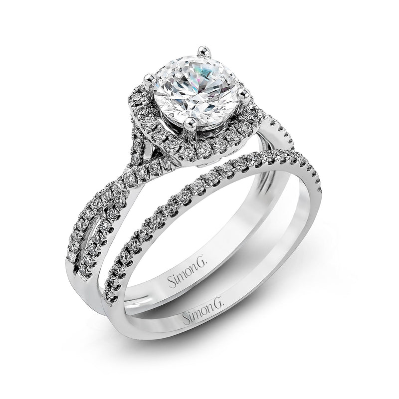 Round - cut Halo Engagement Ring & Matching Wedding Band in 18k Gold with Diamonds - Simon G. Jewelry