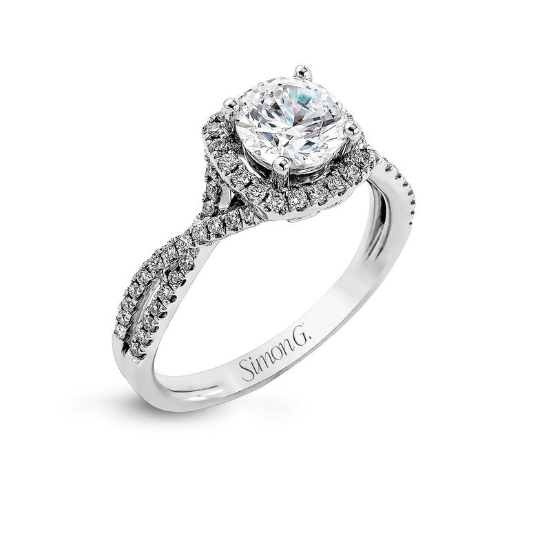 Round - cut Halo Engagement Ring & Matching Wedding Band in 18k Gold with Diamonds - Simon G. Jewelry