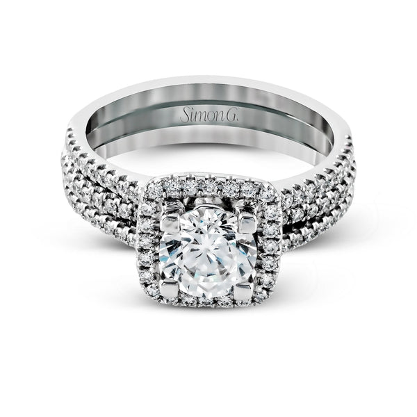 Round - cut Halo Engagement Ring & Matching Wedding Band in 18k Gold with Diamonds - Simon G. Jewelry