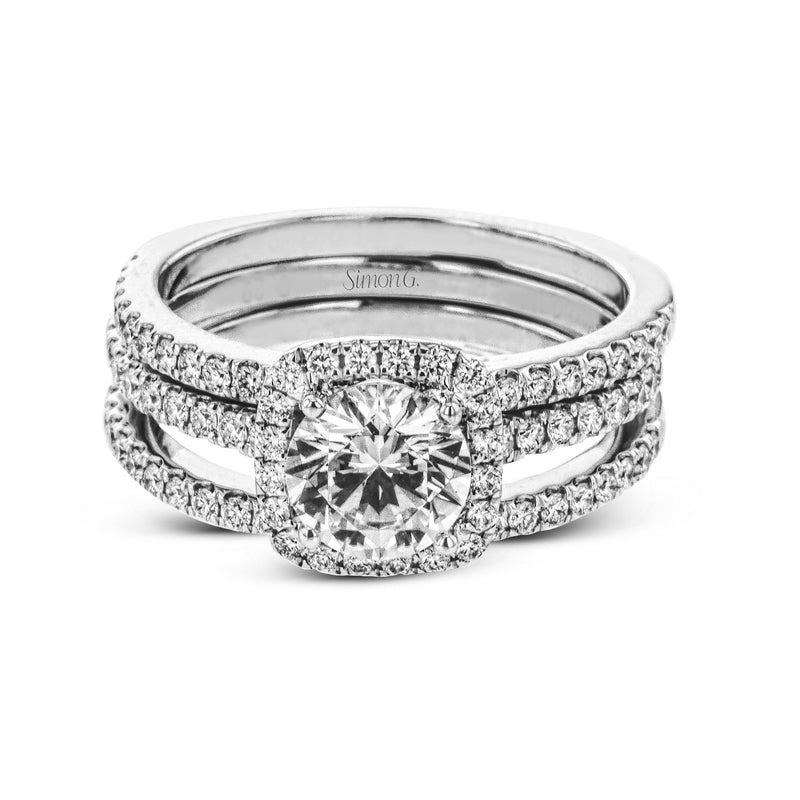 Round - cut Halo Engagement Ring & Matching Wedding Band in 18k Gold with Diamonds - Simon G. Jewelry