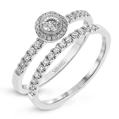 Round - cut Halo Ring & Matching Band in 18k Gold with Diamonds - Simon G. Jewelry