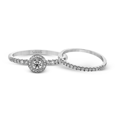 Round - cut Halo Ring & Matching Band in 18k Gold with Diamonds - Simon G. Jewelry