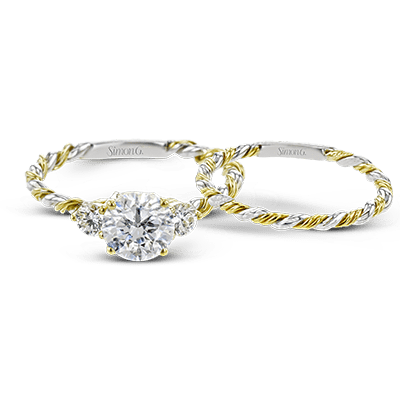 Round - cut Three - stone Engagement Ring & Matching Wedding Band in 18k Gold with Diamonds - Simon G. Jewelry