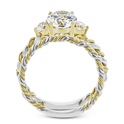 Round - cut Three - stone Engagement Ring & Matching Wedding Band in 18k Gold with Diamonds - Simon G. Jewelry