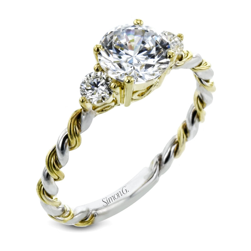 Round - cut Three - stone Engagement Ring & Matching Wedding Band in 18k Gold with Diamonds - Simon G. Jewelry