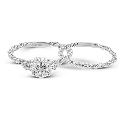 Round - cut Three - stone Engagement Ring & Matching Wedding Band in 18k Gold with Diamonds - Simon G. Jewelry