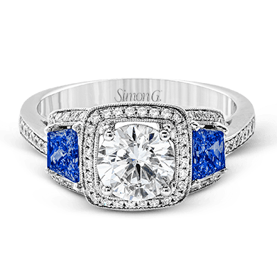 Round - Cut Three - Stone Halo Engagement Ring In 18k Gold With Diamonds & Sapphires - Simon G. Jewelry