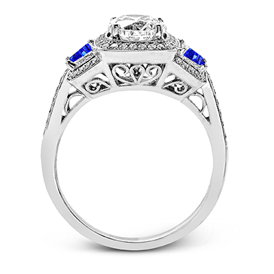 Round - Cut Three - Stone Halo Engagement Ring In 18k Gold With Diamonds & Sapphires - Simon G. Jewelry